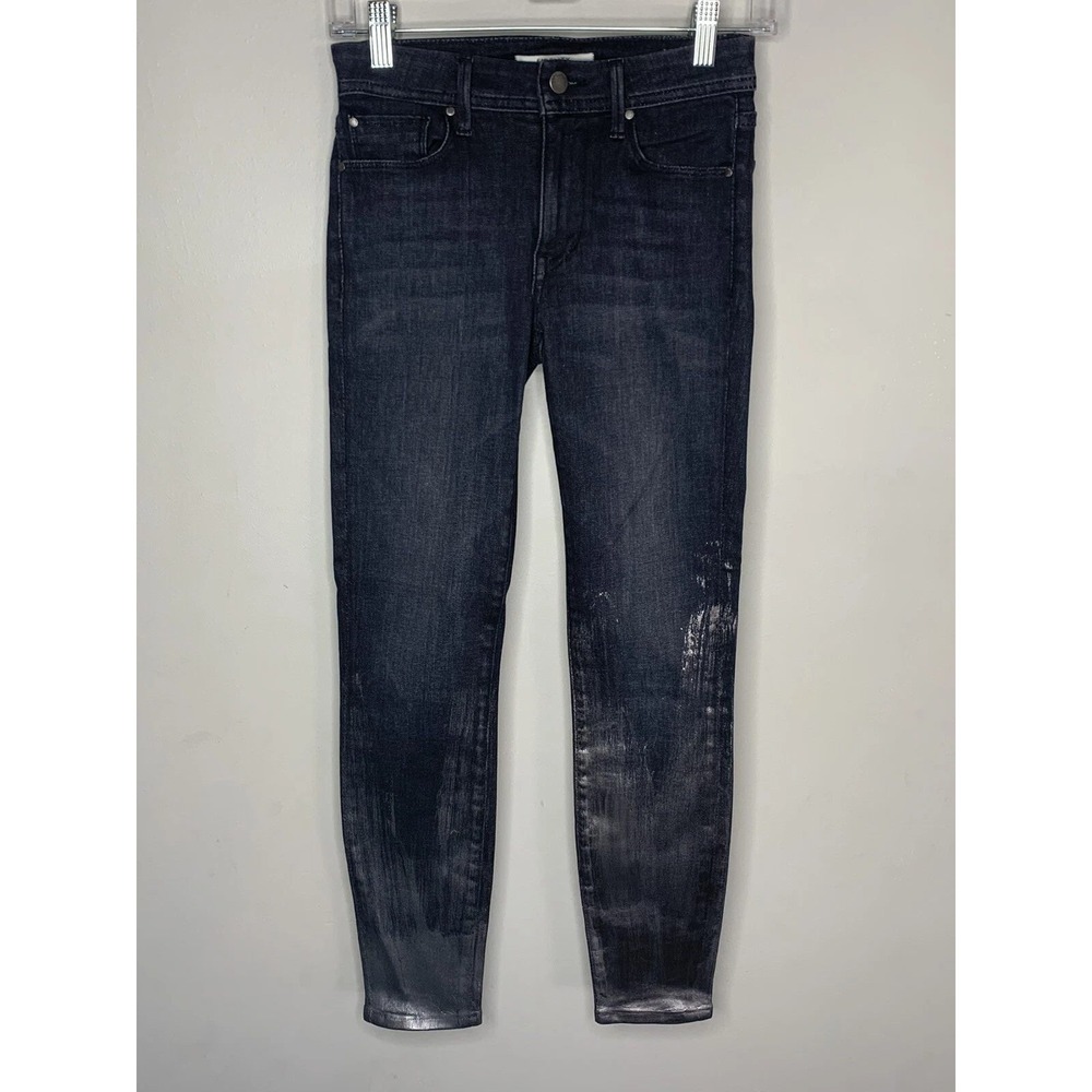 Fidelity Sola Crop Jeans Womens 24 Dark Blue Metallic Silver Coated Skinny Edgy